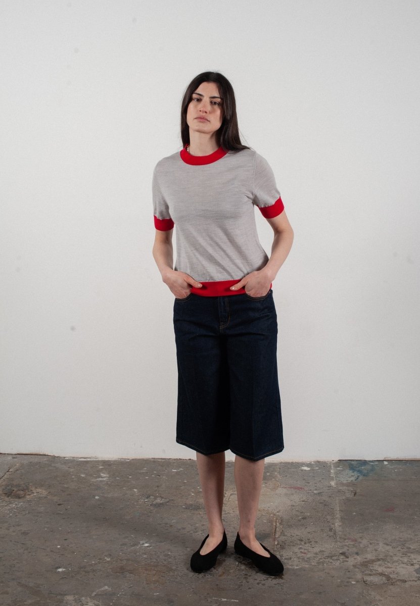 T-shirt col rond manches courtes femme en cachemire et laine ultrafin gris clair & rouge - FRIDA 7 - Studio cashmere8