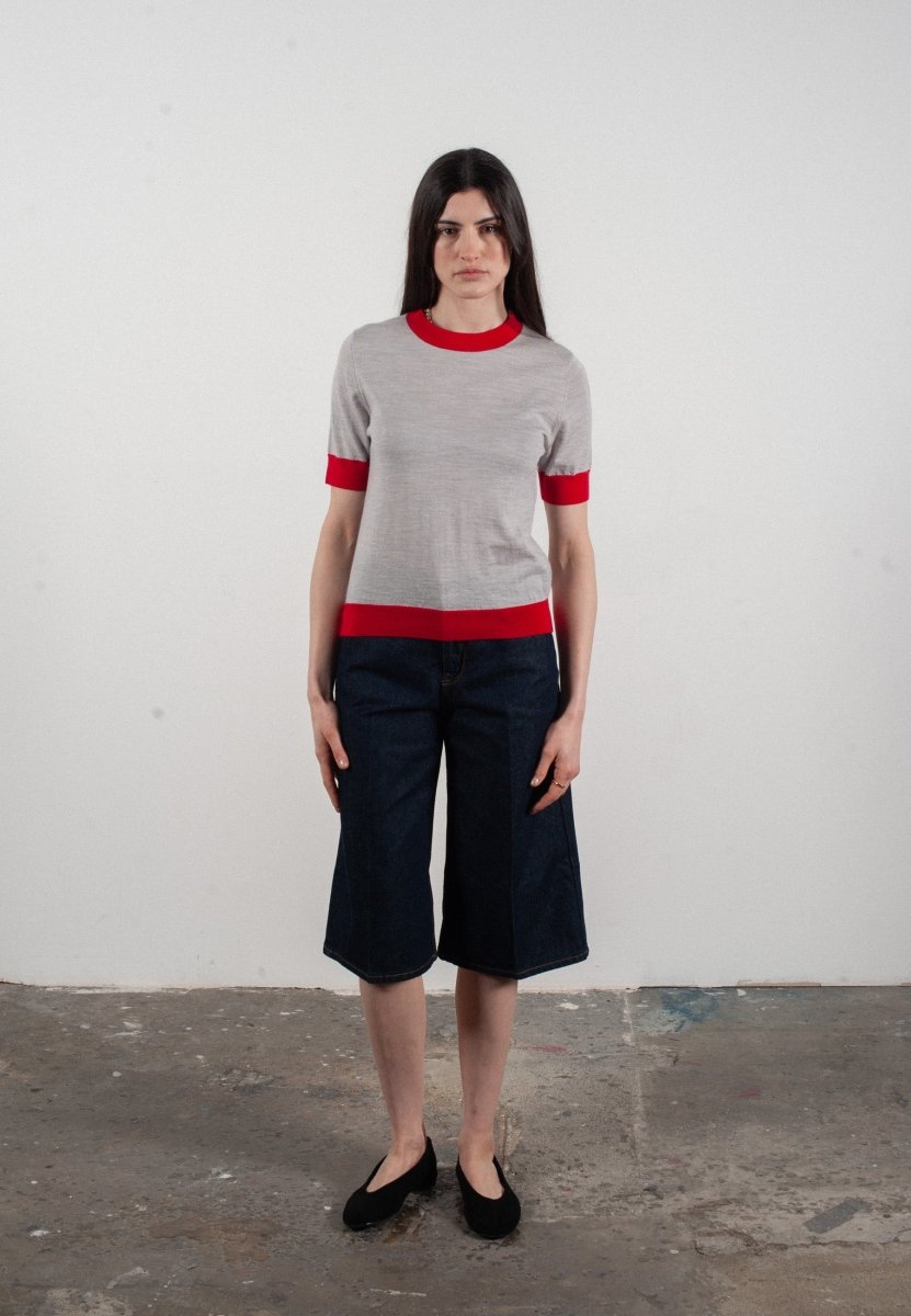 T-shirt col rond manches courtes femme en cachemire et laine ultrafin gris clair & rouge - FRIDA 7 - Studio cashmere8
