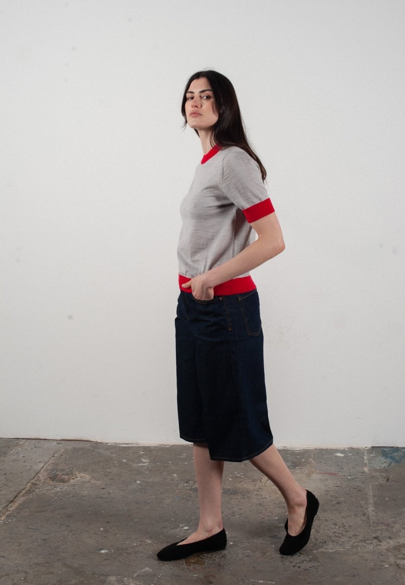 T-shirt col rond manches courtes femme en cachemire et laine ultrafin gris clair & rouge - FRIDA 7 - Studio cashmere8