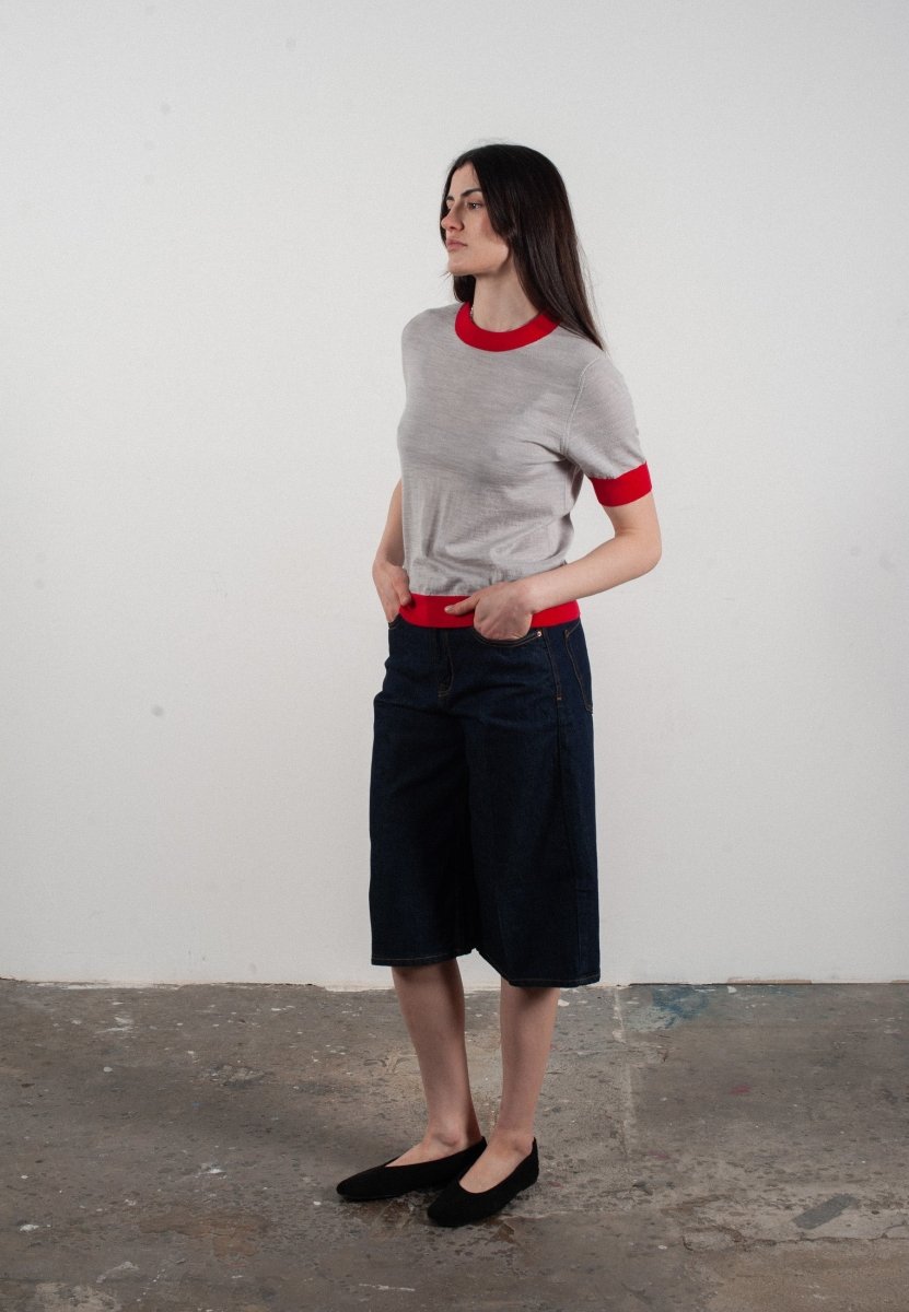 T-shirt col rond manches courtes femme en cachemire et laine ultrafin gris clair & rouge - FRIDA 7 - Studio cashmere8