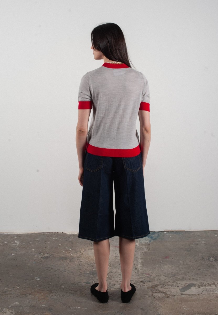 T-shirt col rond manches courtes femme en cachemire et laine ultrafin gris clair & rouge - FRIDA 7 - Studio cashmere8
