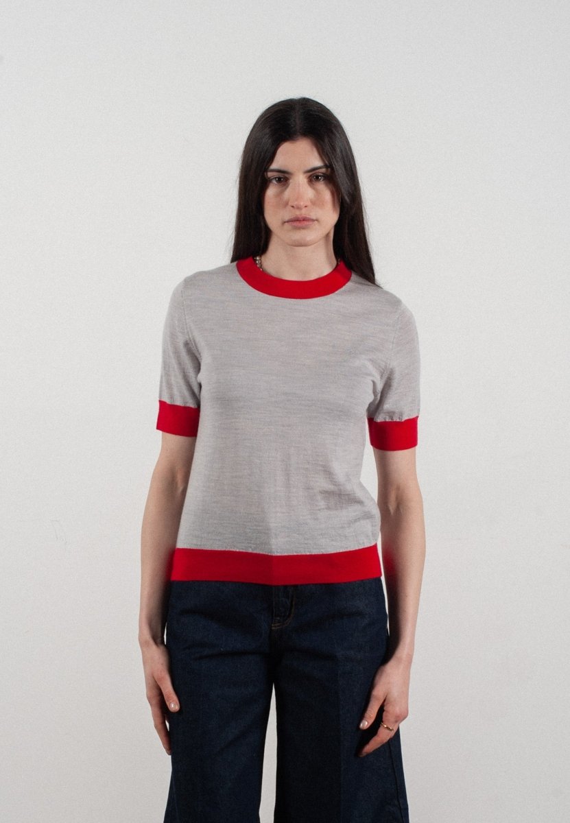 T-shirt col rond manches courtes femme en cachemire et laine ultrafin gris clair & rouge - FRIDA 7 - Studio cashmere8