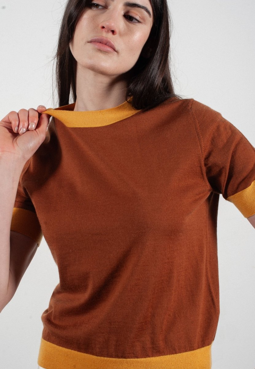 T-shirt col rond manches courtes femme en cachemire et laine ultrafin marron clair & jaune - FRIDA 12 - Studio cashmere8