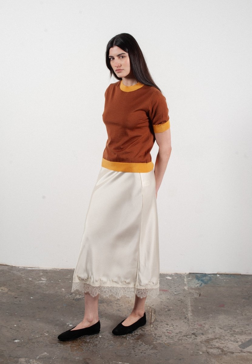 T-shirt col rond manches courtes femme en cachemire et laine ultrafin marron clair & jaune - FRIDA 12 - Studio cashmere8