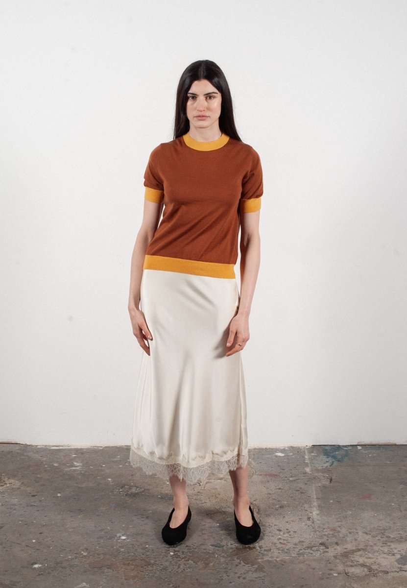 T-shirt col rond manches courtes femme en cachemire et laine ultrafin marron clair & jaune - FRIDA 12 - Studio cashmere8