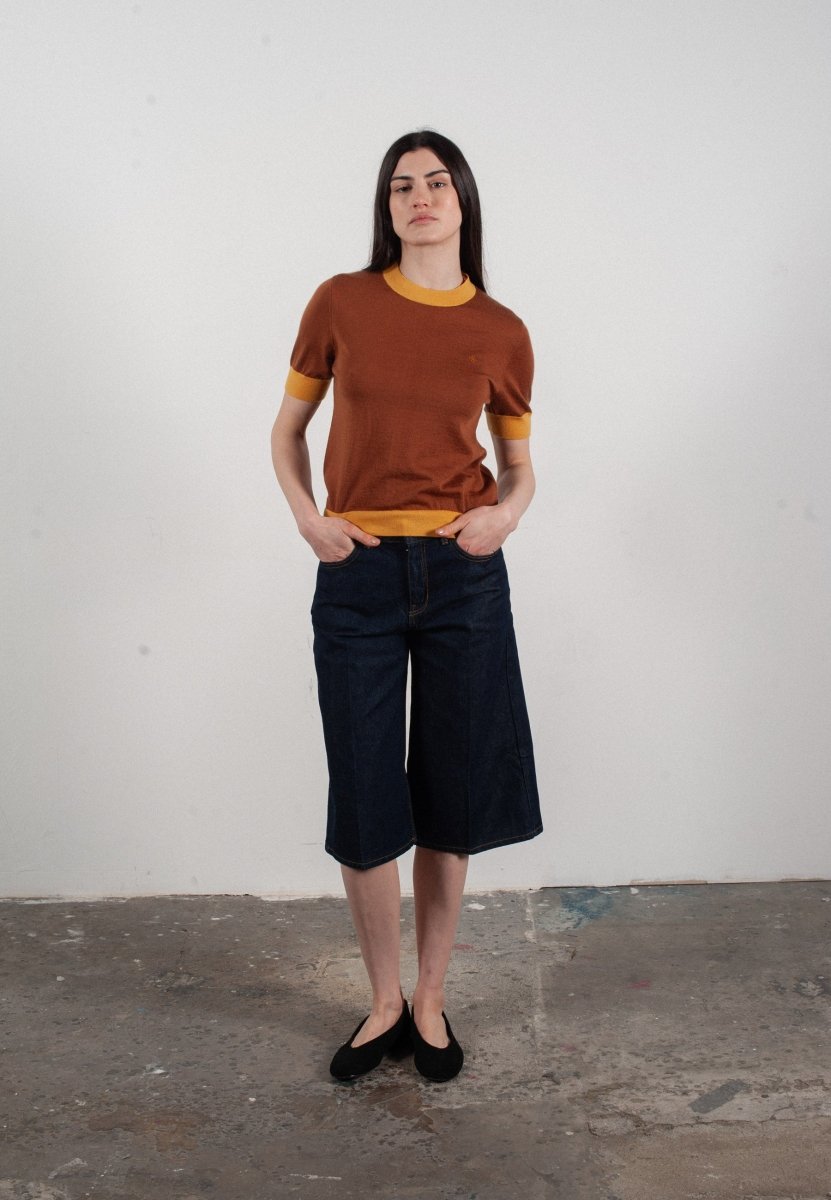 T-shirt col rond manches courtes femme en cachemire et laine ultrafin marron clair & jaune - FRIDA 7 - Studio cashmere8