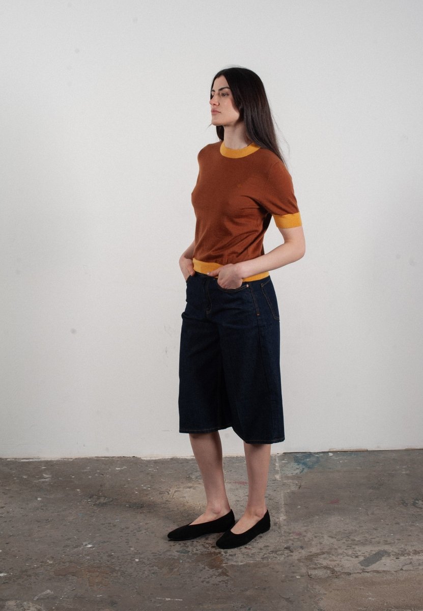 T-shirt col rond manches courtes femme en cachemire et laine ultrafin marron clair & jaune - FRIDA 7 - Studio cashmere8