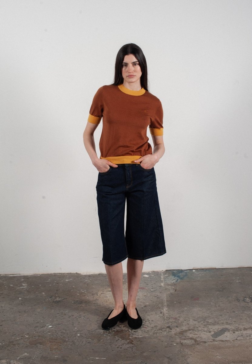 T-shirt col rond manches courtes femme en cachemire et laine ultrafin marron clair & jaune - FRIDA 7 - Studio cashmere8