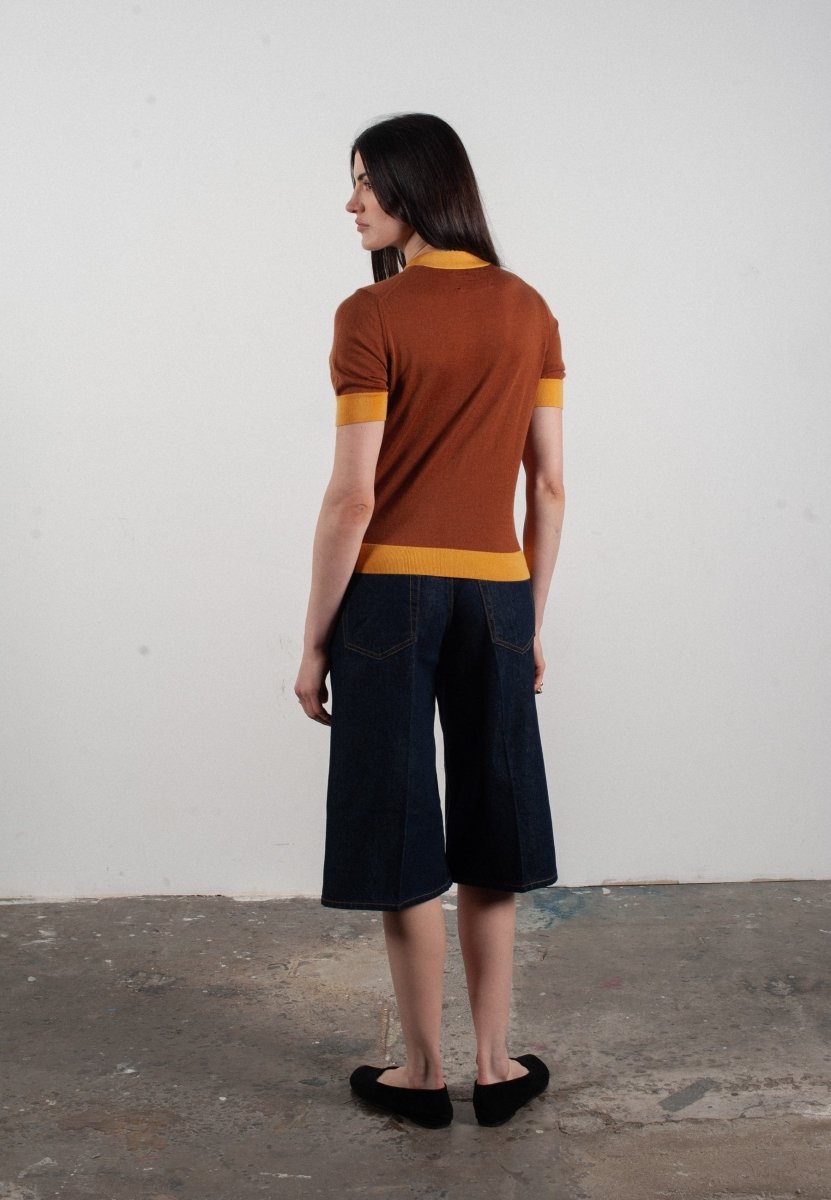 T-shirt col rond manches courtes femme en cachemire et laine ultrafin marron clair & jaune - FRIDA 7 - Studio cashmere8
