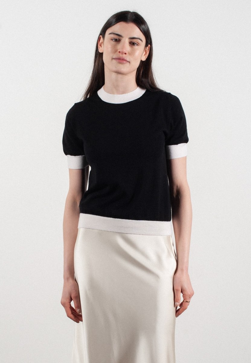 T-shirt col rond manches courtes femme en cachemire et laine ultrafin noir & blanc - FRIDA 12 - Studio cashmere8
