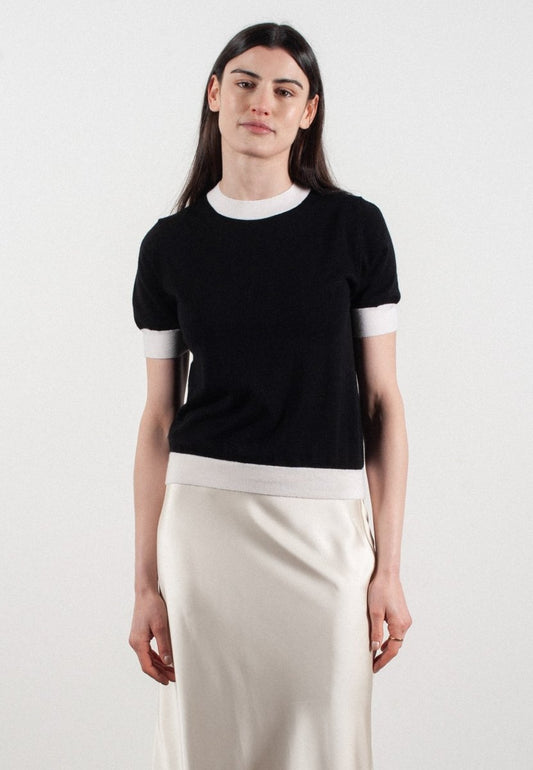 T-shirt col rond manches courtes femme en cachemire et laine ultrafin noir & blanc - FRIDA 12 - Studio cashmere8