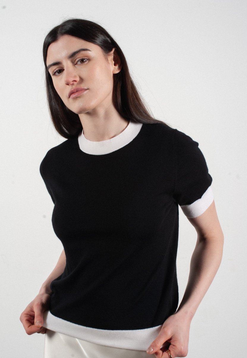 T-shirt col rond manches courtes femme en cachemire et laine ultrafin noir & blanc - FRIDA 12 - Studio cashmere8