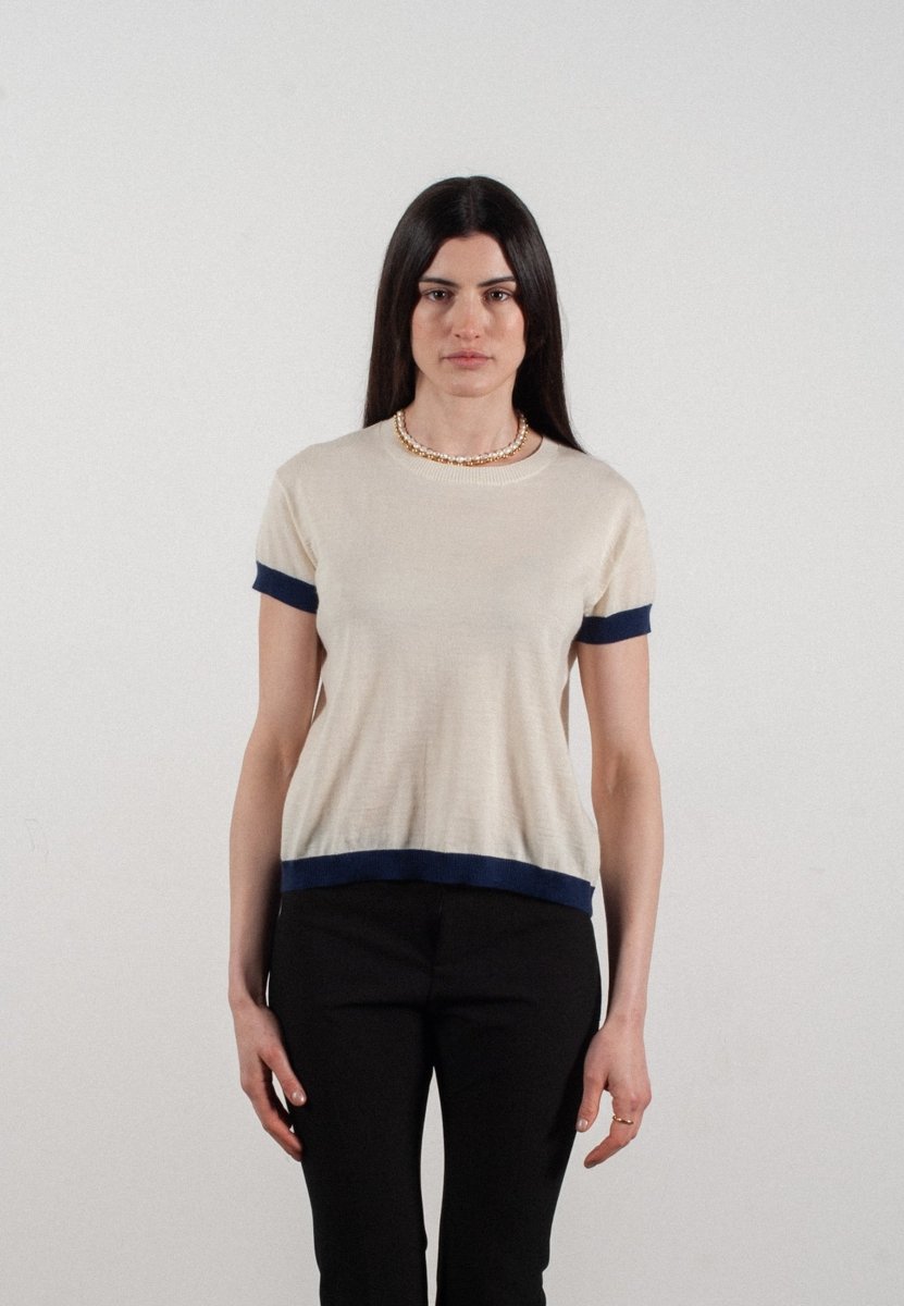 T shirt col rond manches courtes femme en cachemire & laine ultrafin blanc & bleu marine - KELLY 1 - Studio cashmere8