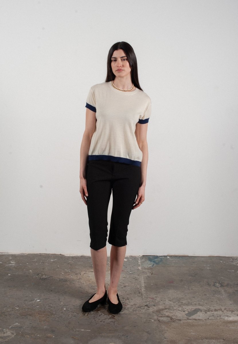 T shirt col rond manches courtes femme en cachemire & laine ultrafin blanc & bleu marine - KELLY 1 - Studio cashmere8