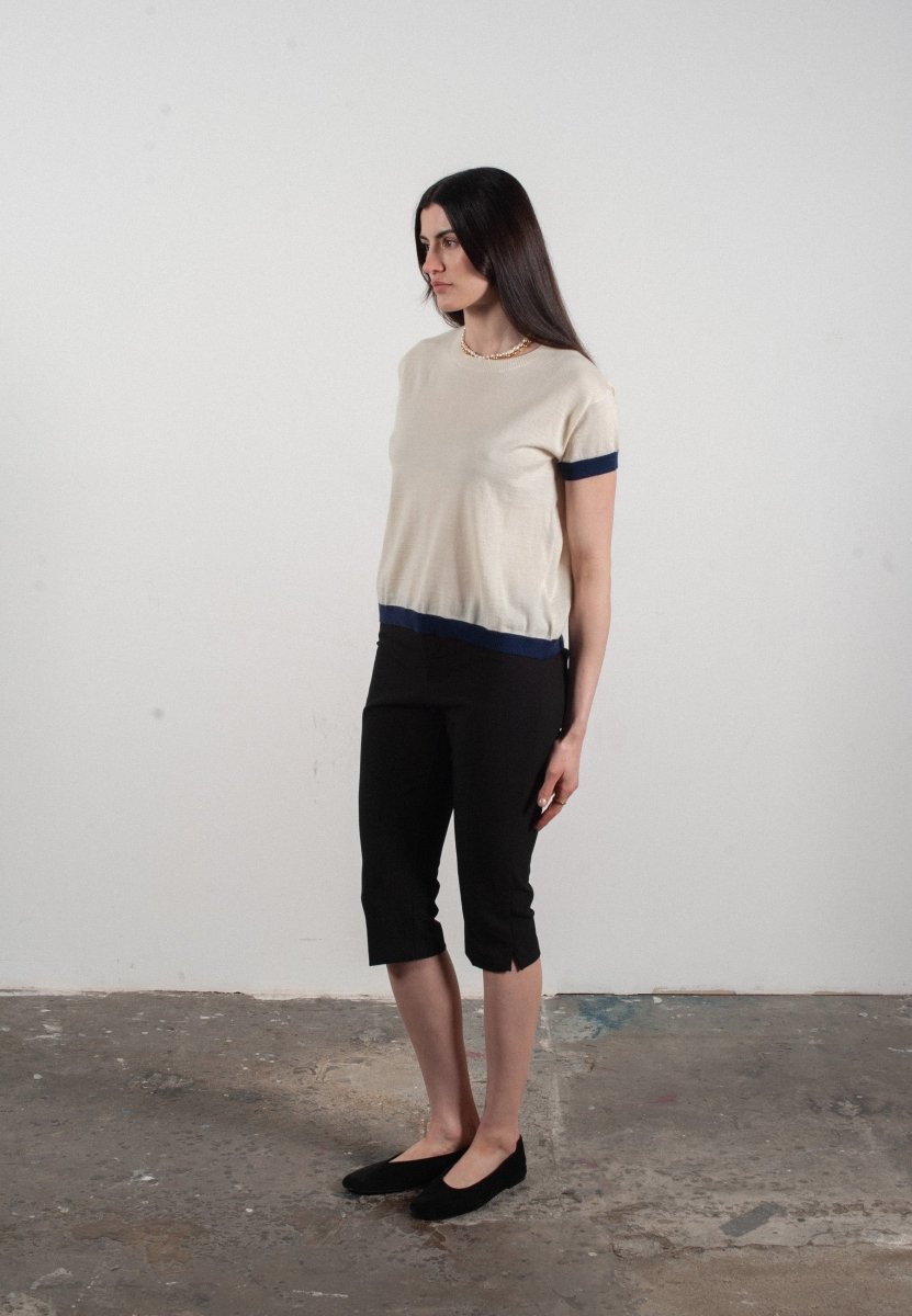 T shirt col rond manches courtes femme en cachemire & laine ultrafin blanc & bleu marine - KELLY 1 - Studio cashmere8