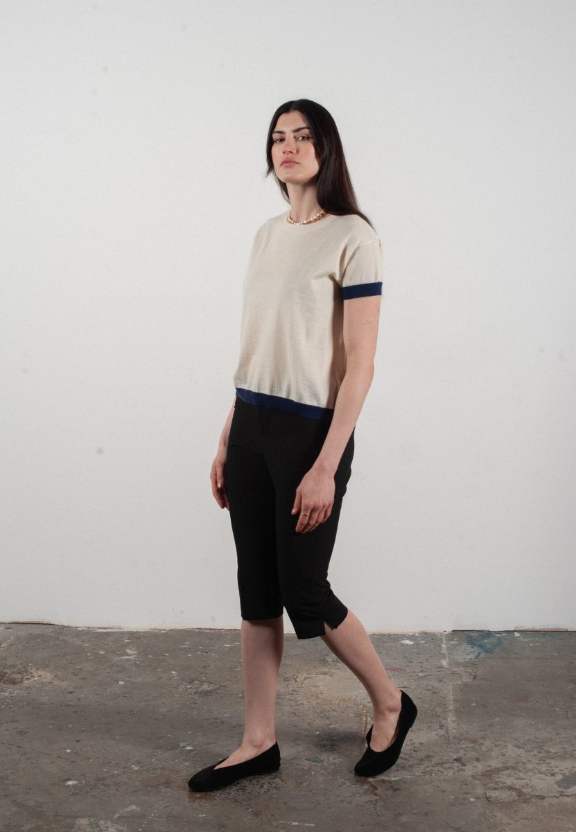 T shirt col rond manches courtes femme en cachemire & laine ultrafin blanc & bleu marine - KELLY 1 - Studio cashmere8