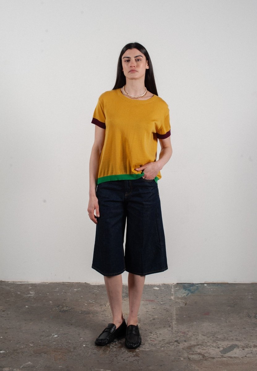 T shirt col rond manches courtes femme en cachemire & laine ultrafin jaune & rouge bordeaux & vert - KELLY 8 - Studio cashmere8