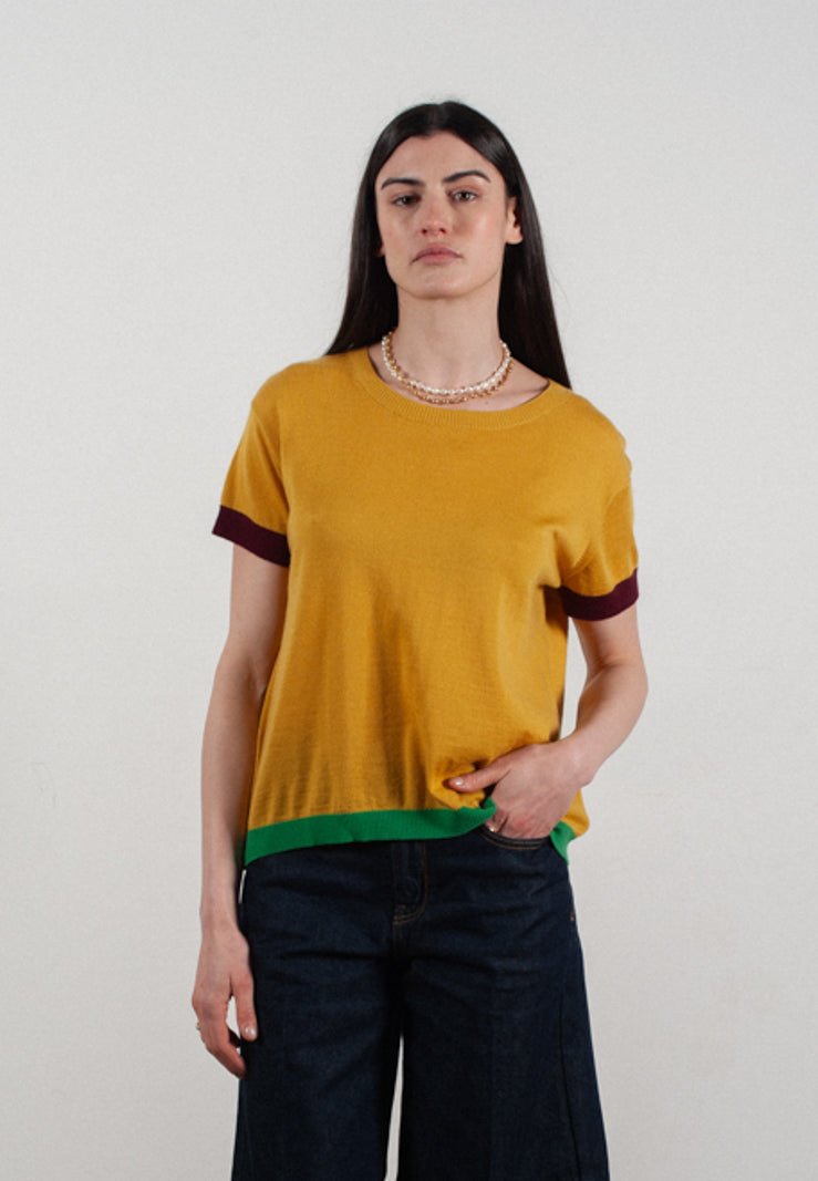 T shirt col rond manches courtes femme en cachemire & laine ultrafin jaune & rouge bordeaux & vert - KELLY 8 - Studio cashmere8