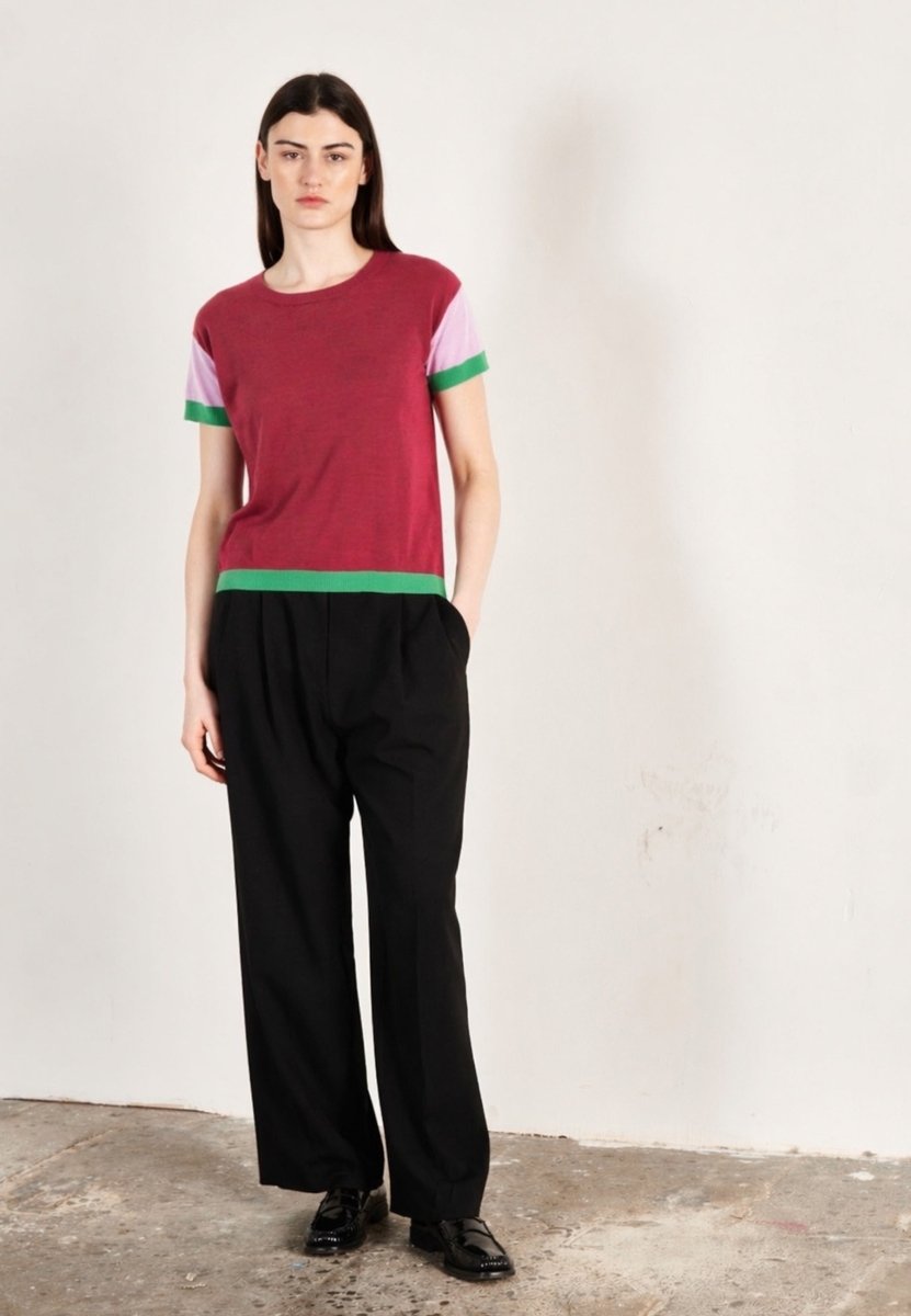 T shirt col rond manches courtes femme en cachemire & laine ultrafin rouge & lavande & vert - KELLY 7 - Studio cashmere8