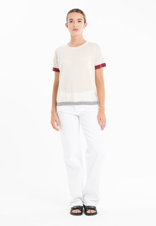 T-shirt col rond tricolore ultrafin cachemire et laine blanc/rouge/gris femme - KELLY 8 - Studio cashmere8