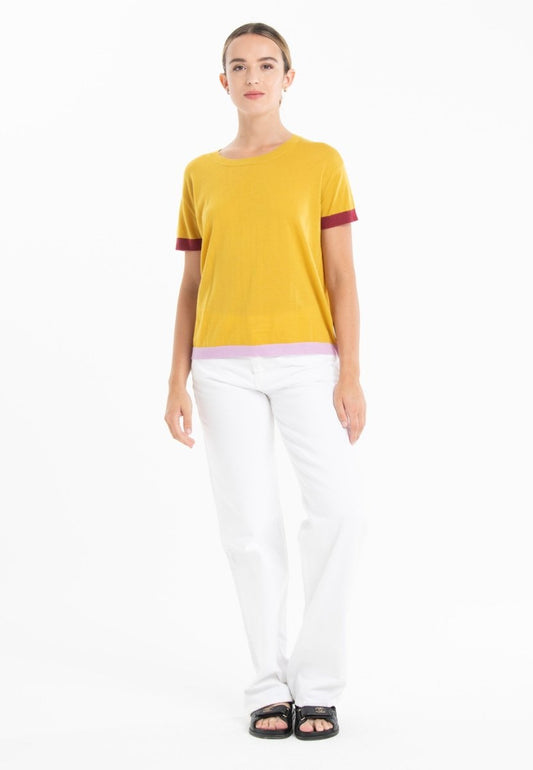 T-shirt col rond tricolore ultrafin cachemire et laine jaune/rouge/lavande femme - KELLY 8 - Studio cashmere8