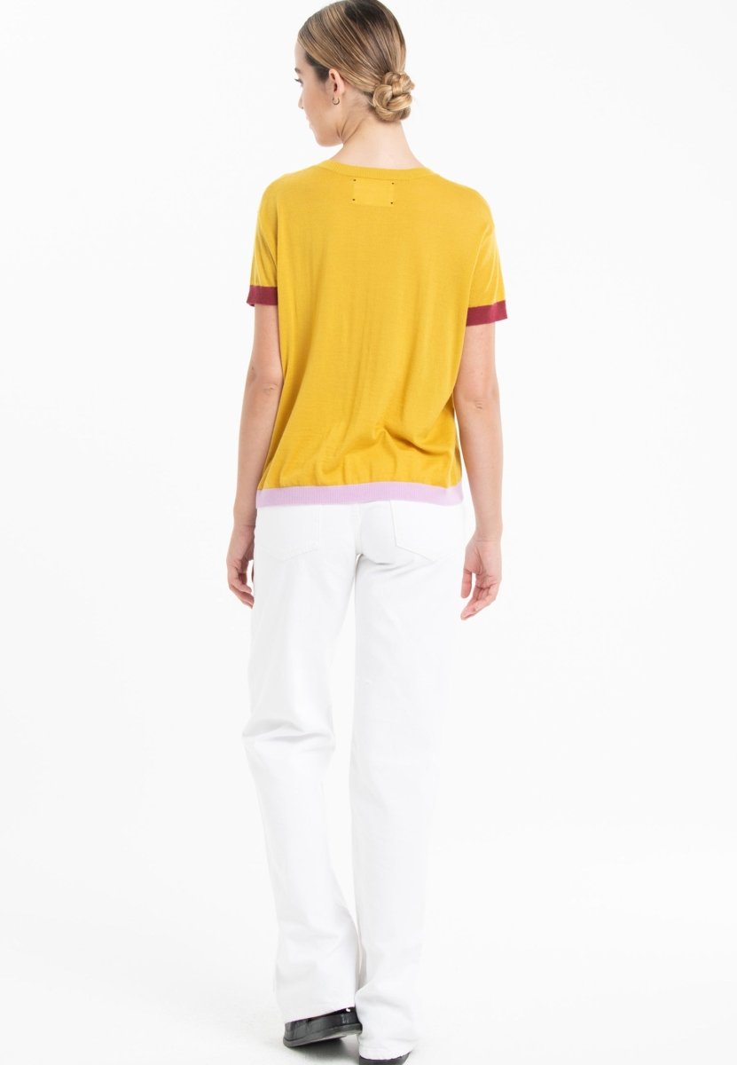 T-shirt col rond tricolore ultrafin cachemire et laine jaune/rouge/lavande femme - KELLY 8 - Studio cashmere8