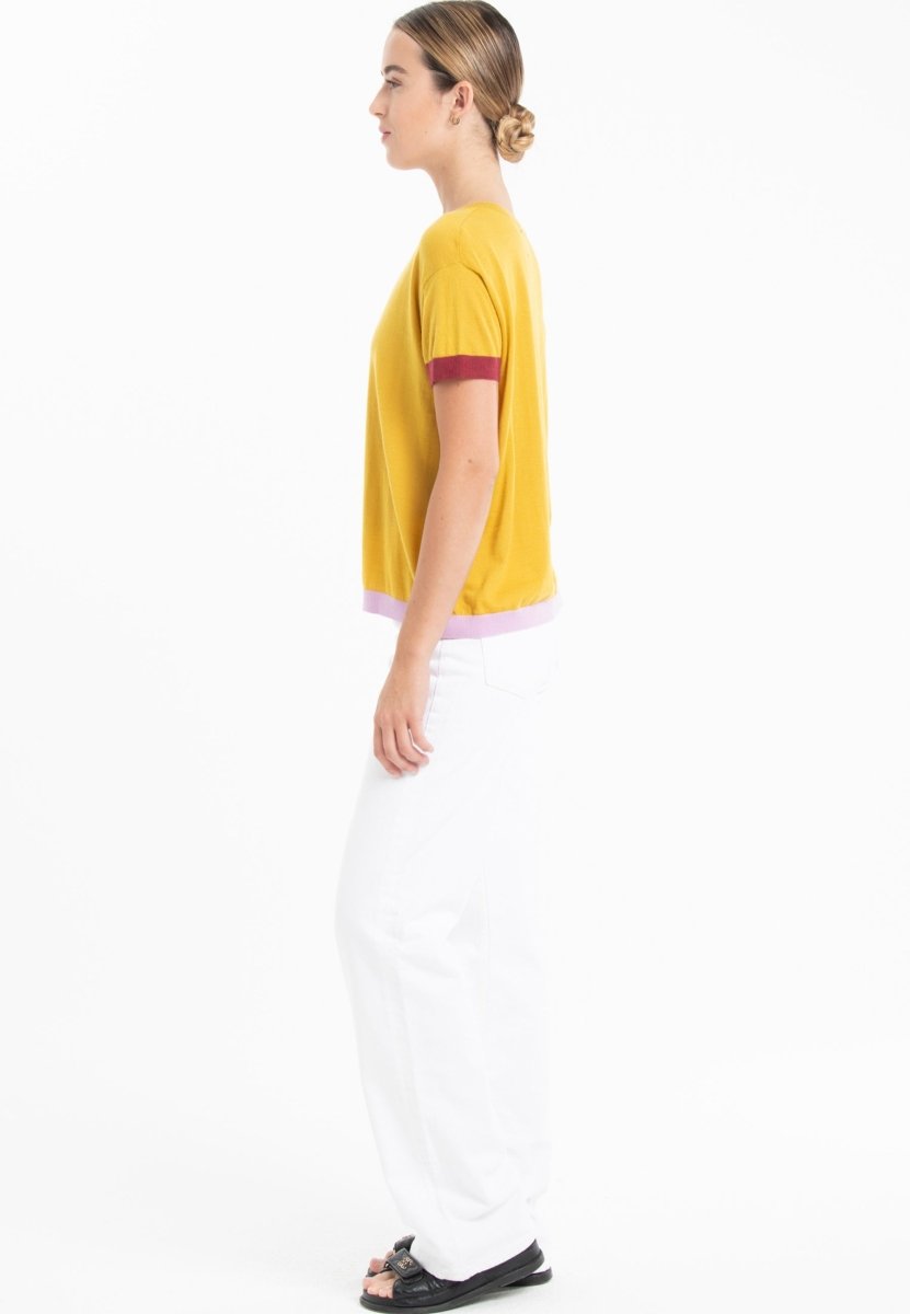 T-shirt col rond tricolore ultrafin cachemire et laine jaune/rouge/lavande femme - KELLY 8 - Studio cashmere8