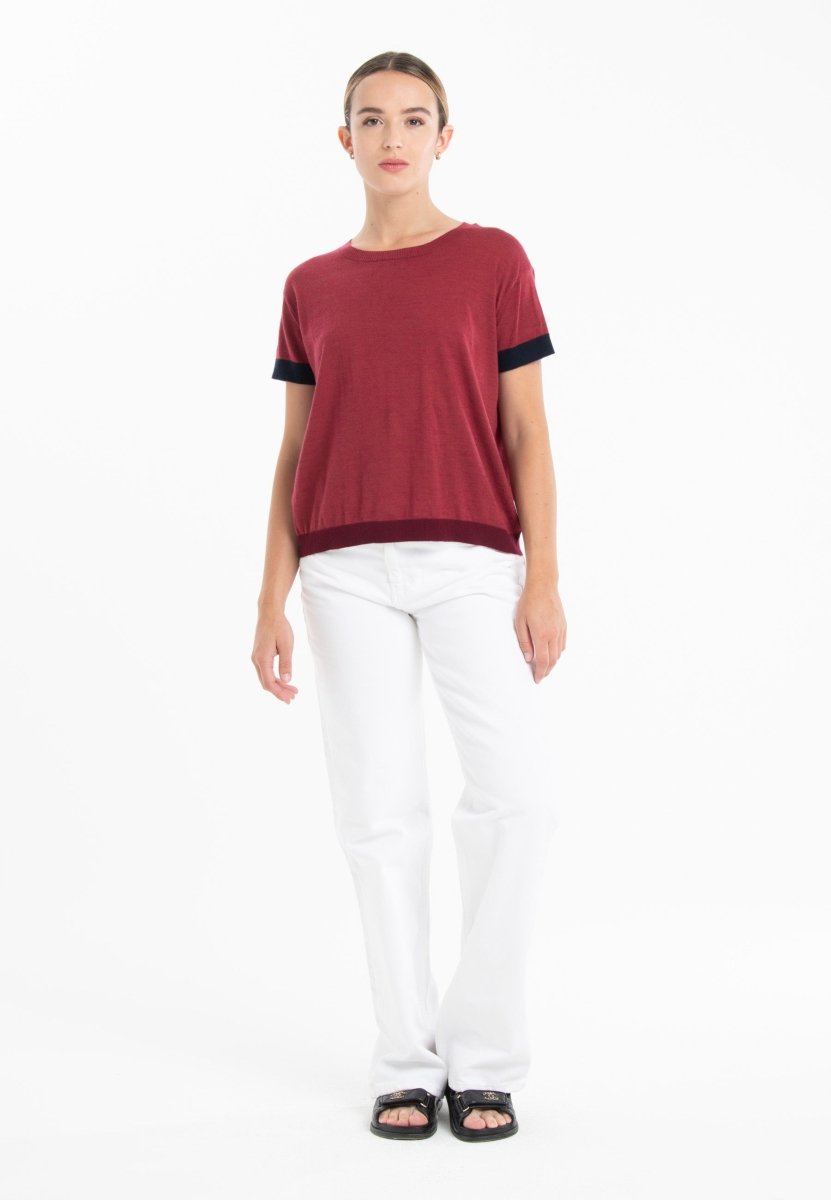 T-shirt col rond tricolore ultrafin cachemire et laine rouge/bleu marine/rouge bordeaux femme - KELLY 8 - Studio cashmere8