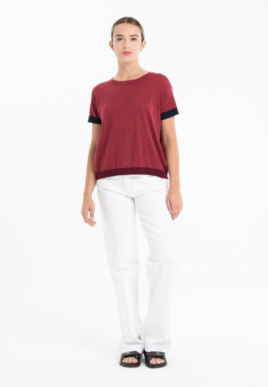 T-shirt col rond tricolore ultrafin cachemire et laine rouge/bleu marine/rouge bordeaux femme - KELLY 8 - Studio cashmere8