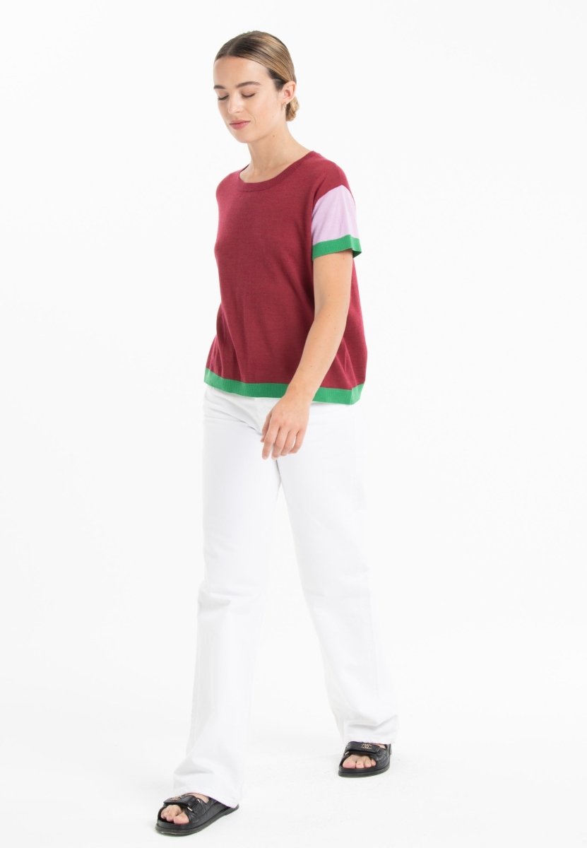 T-shirt col rond tricolore ultrafin cachemire et laine rouge/lavande/vert femme - KELLY 7 - Studio cashmere8