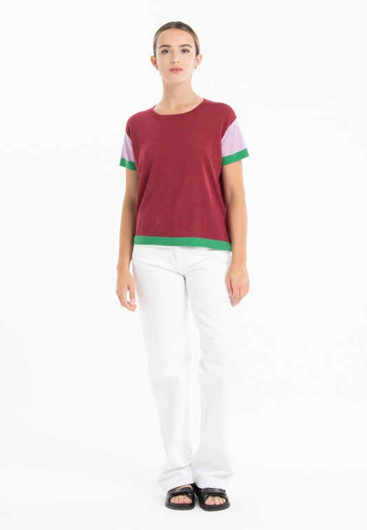 T-shirt col rond tricolore ultrafin cachemire et laine rouge/lavande/vert femme - KELLY 7 - Studio cashmere8