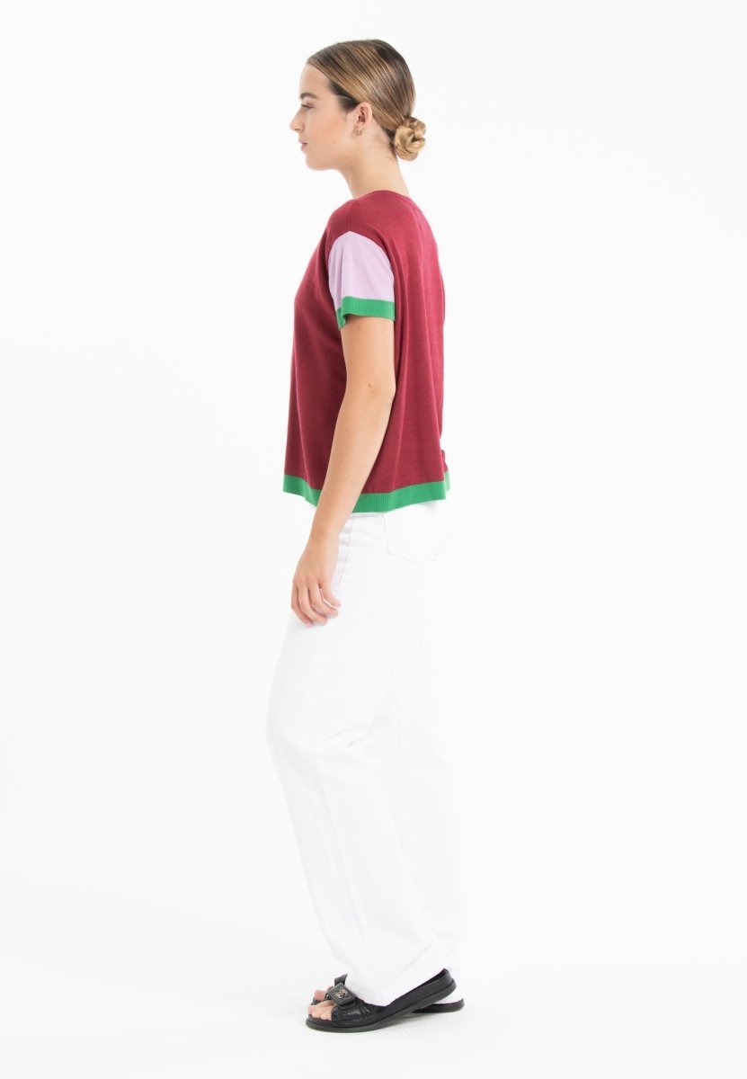 T-shirt col rond tricolore ultrafin cachemire et laine rouge/lavande/vert femme - KELLY 7 - Studio cashmere8