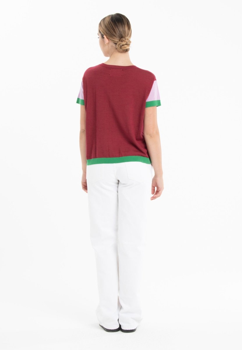 T-shirt col rond tricolore ultrafin cachemire et laine rouge/lavande/vert femme - KELLY 7 - Studio cashmere8