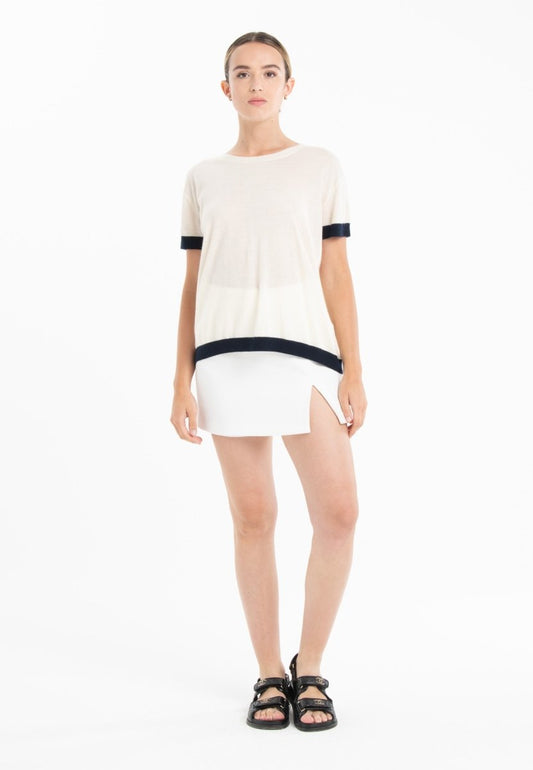 T-shirt col rond ultrafin cachemire et laine blanc/bleu marine femme - KELLY 1 - Studio cashmere8