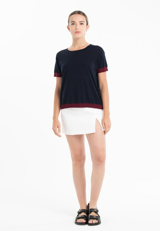 T-shirt col rond ultrafin cachemire et laine bleu marine/rouge bordeaux femme - KELLY 1 - Studio cashmere8