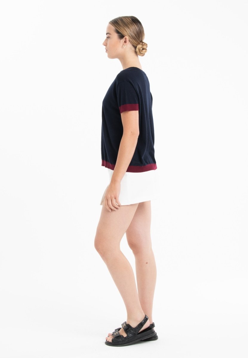 T-shirt col rond ultrafin cachemire et laine bleu marine/rouge bordeaux femme - KELLY 1 - Studio cashmere8