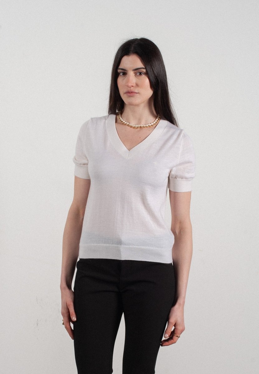 T-shirt col V manches courtes femme en cachemire et laine ultrafin blanc - FRIDA 10