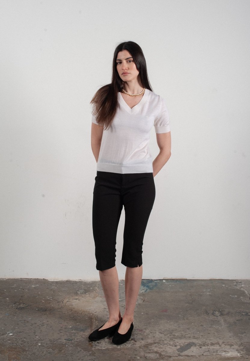 T-shirt col V manches courtes femme en cachemire et laine ultrafin blanc - FRIDA 10