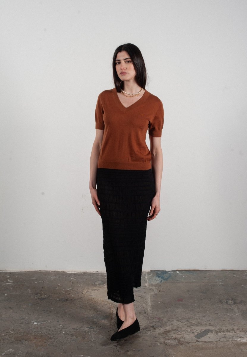 T-shirt col V manches courtes femme en cachemire et laine ultrafin marron clair - FRIDA 10 - Studio cashmere8