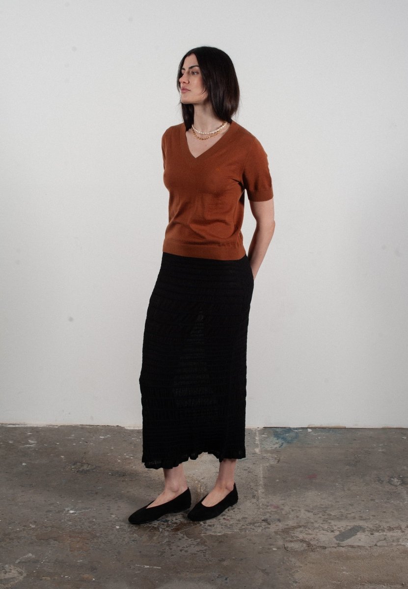 T-shirt col V manches courtes femme en cachemire et laine ultrafin marron clair - FRIDA 10 - Studio cashmere8