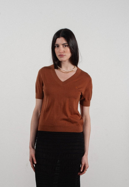 T-shirt col V manches courtes femme en cachemire et laine ultrafin marron clair - FRIDA 10 - Studio cashmere8